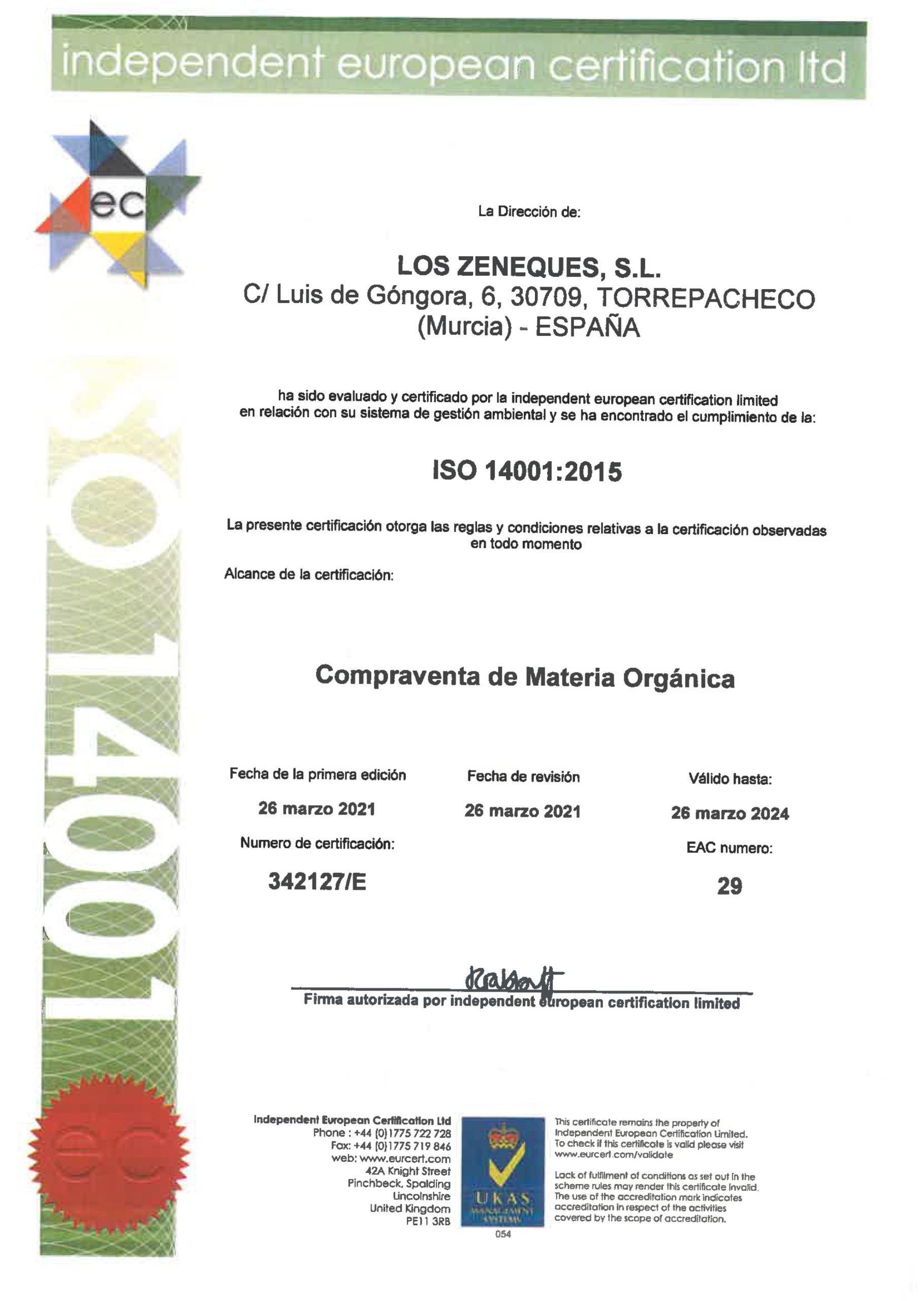 CERTIFICADO ISO 14001 20015